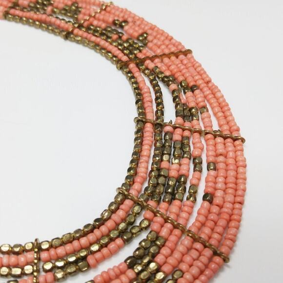 Boho Seed Bead Necklace, Peach & Bronze, Multi Strand, 23 Inches - Picture 5 of 8